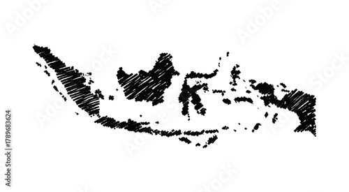 Hand drawn scribble black map of Indonesia. Silhouette, island, South East Asia geography. Vector isolated on white background
