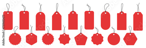 Hanging red tag icon set in flat style. Sale tag vector shapes collection. Discount label vector pack for business advertising. Special offer badge