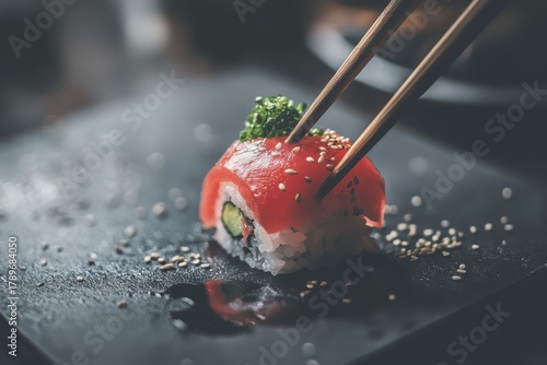 Close-up of delicious sushi roll with fresh tuna on elegant black plate