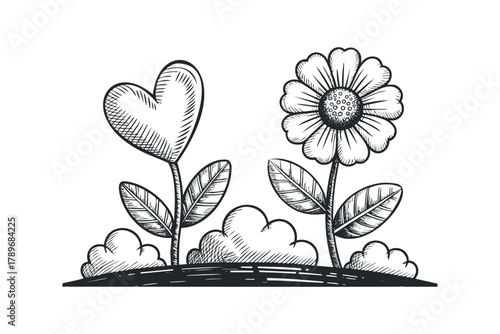 Hand drawn heart shape plant and flower with clouds