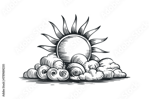 Stylized Sun with Rays Shining Through Clouds