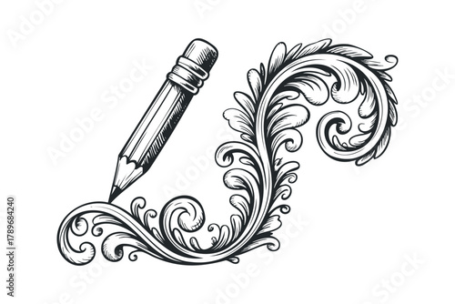 Pencil drawing ornate flourish with swirls and leaves