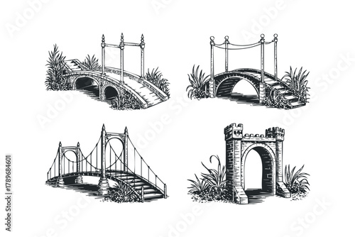 Collection of vintage bridge and gateway architectural sketches