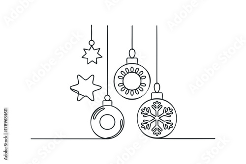 Single line drawing of hanging festive ornaments and stars
