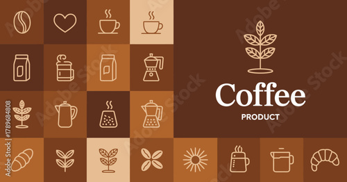 This image showcases a collection of coffee-related icons that represent the beverage culture, perfect for branding and marketing purposes in the coffee industry.