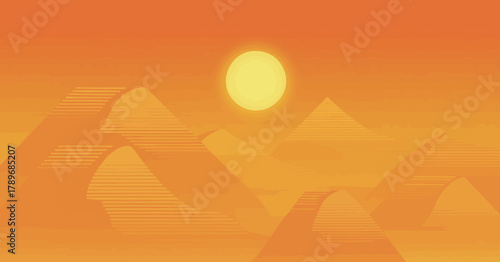 An alluring sunset landscape featuring abstract mountains and a bright sun, creating a warm and calming atmosphere that evokes feelings of peace and reflection.