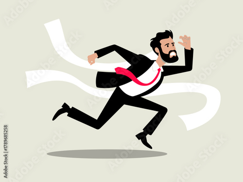 This image depicts a businessman in a suit running energetically with papers in hand, symbolizing urgency, productivity, and the fast-paced nature of corporate life and work environments.