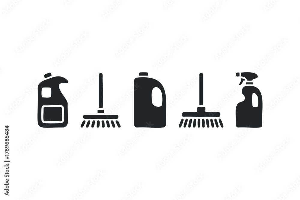 Fototapeta premium Cleaning supplies icons including bottles and brooms