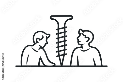 Two people observe a large screw standing upright