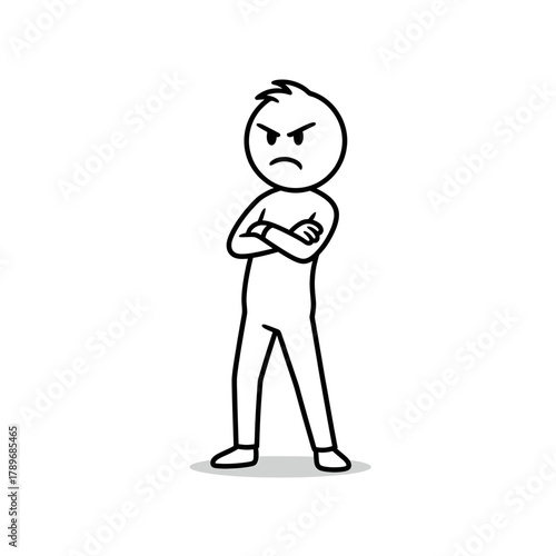 Stickman standing with crossed arms and angry face. Symbol of irritation, frustration, and confidence in conflict.