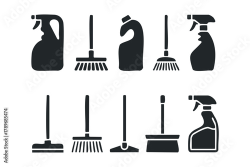 Collection of cleaning tool icons with spray bottles and brooms