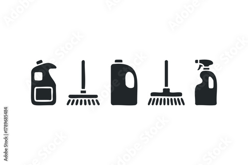 Cleaning supplies icons including bottles and brooms