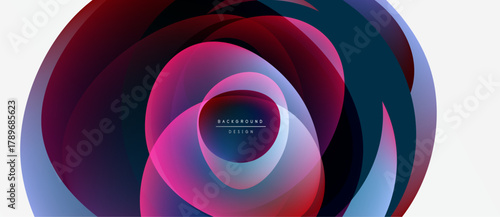 Abstract layers create vibrant circular design. Pink, blue, purple hues blend, forming dynamic visual effect. Minimalist text present.