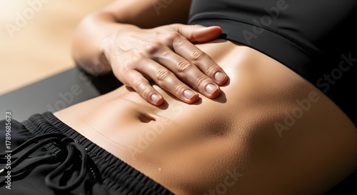 Fit woman with defined abs lies on her back touching her toned stomach gently
