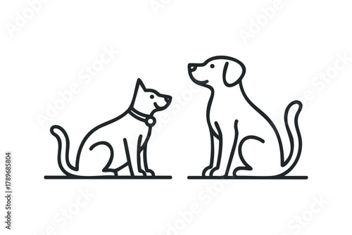 Two line art dogs facing each other with one wearing a collar