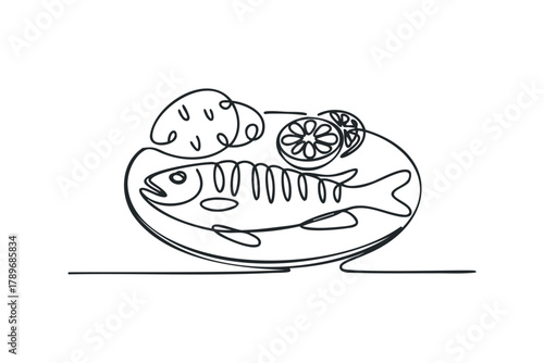 One line drawing of a fish entree with lemon