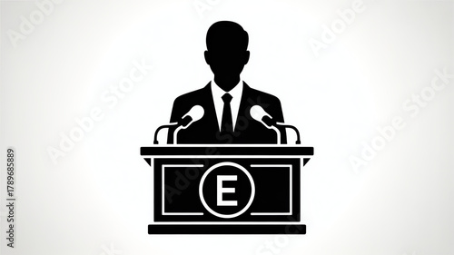 Silhouette of a man speaking at a podium with microphones