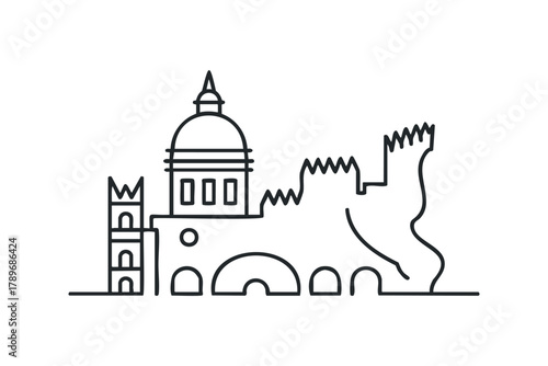 Architectural skyline silhouette with dome and crenellations