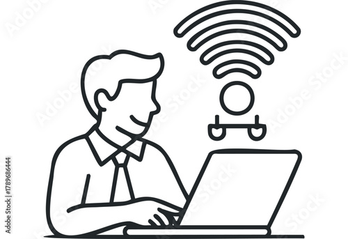 Person typing on laptop with wifi signal above