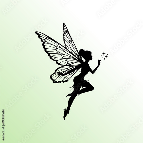 Magical Fairy Silhouette with Sparkling Dust on Gradient Background