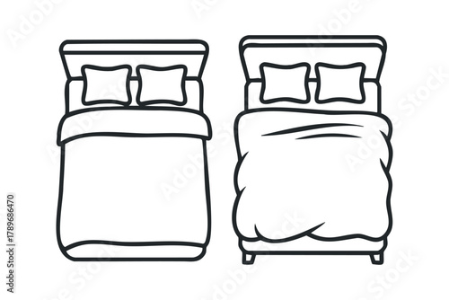 Two stylized beds shown from above with pillows and blankets
