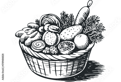 Wicker Basket Filled With Assorted Food Items and Greens