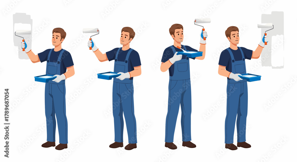 Fototapeta premium Set of a male painter in blue overalls and gloves, holding a paint roller and tray in four different poses while painting a wall.