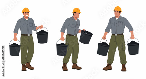 Set of three illustrations showing a construction worker in a hard hat carrying heavy buckets, demonstrating different lifting postures.
