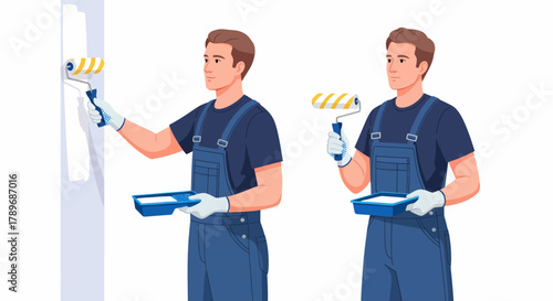 Two painters in blue overalls and white gloves are shown, one painting a wall with a roller and the other holding a paint tray.