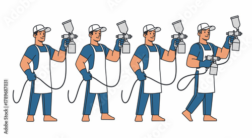 Four men in work attire holding spray guns, ready for painting, with white aprons.