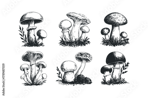 Sketch drawing of six forest mushrooms with grass