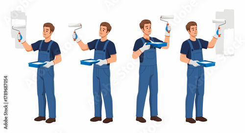 Set of a male painter in blue overalls and gloves, holding a paint roller and tray in four different poses while painting a wall.