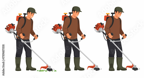 Man with a backpack string trimmer cutting grass in three different poses.