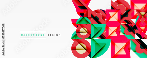 Abstract geometric shapes overlap, creating vibrant colorful design. Red, green, black elements dominate white background. Modern aesthetic.