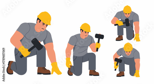 Set of illustrations showing a construction worker in a hard hat and gloves, kneeling and using a mallet.