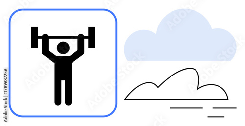 Stick figure lifting barbell emphasizes strength and fitness near abstract cloud and breeze lines. Ideal for health, wellness, gym, outdoor activity, motivation, perseverance, or energy in simple