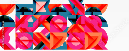 Abstract geometric shapes overlap, creating vibrant colorful pattern. Bold lines, angles, curves define composition. Modern design.