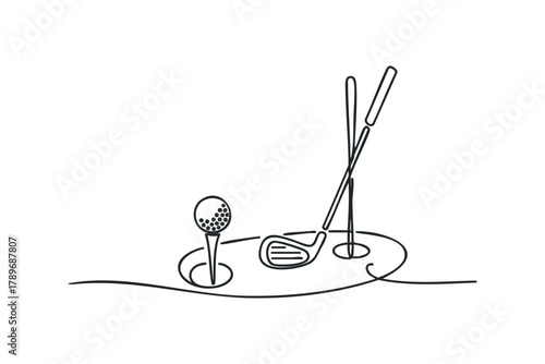 Line art golf ball tee and club on white background