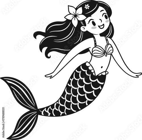 A stylized, black and white illustration of a mermaid, centered on a white background. The mermaid is depicted with long, wavy dark hair adorned with a flower. She appears to be a young woman, with a 