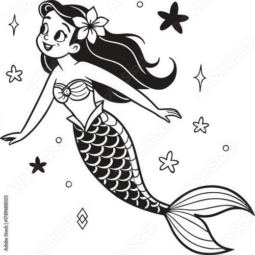 A stylized, black and white illustration of a mermaid, centered on a white background. The mermaid is depicted with long, wavy dark hair adorned with a flower. She appears to be a young woman, with a 