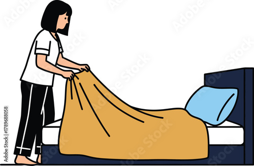 Woman making bed illustration bedding bedroom home lifestyle daily