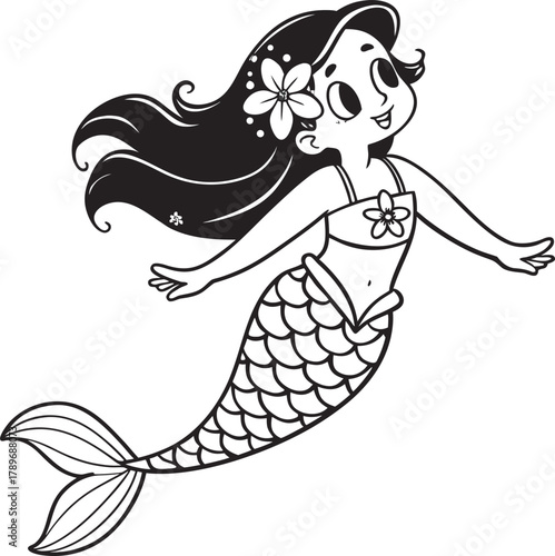 A stylized, black and white illustration of a mermaid, centered on a white background. The mermaid is depicted with long, wavy dark hair adorned with a flower. She appears to be a young woman, with a 