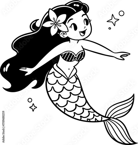 A stylized, black and white illustration of a mermaid, centered on a white background. The mermaid is depicted with long, wavy dark hair adorned with a flower. She appears to be a young woman, with a 