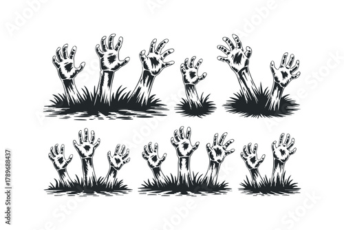 Multiple Hands Emerge from Grassy Ground