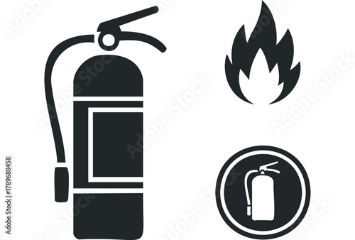 Fire Extinguisher and Flame Icons Isolated on White Background