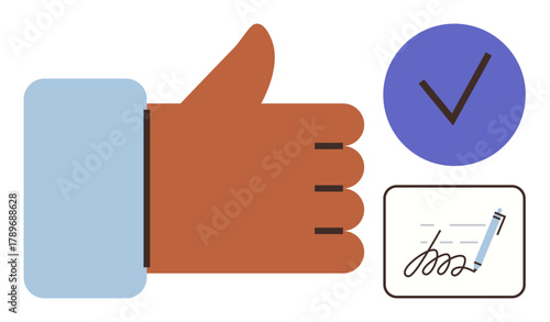 Thumbs up hand gesture, blue checkmark, and a signed document with a pen. Ideal for concepts thumbs up approval, agreement, validation, decision-making, contract, trust and success in a simple flat