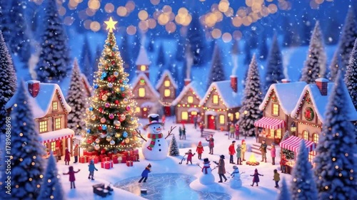 Miniature snowy winter village with tiny people celebrating Christmas Eve under falling snow.