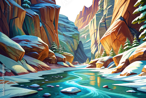 Narrow icy river flowing between steep canyon walls covered in thick white snow