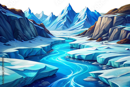 Icy blue meltwater river flowing vector from glacier surrounded by white Alpine peaks