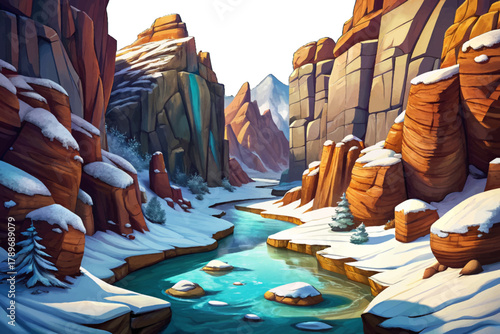 Narrow icy river flowing between steep canyon walls covered in thick white snow